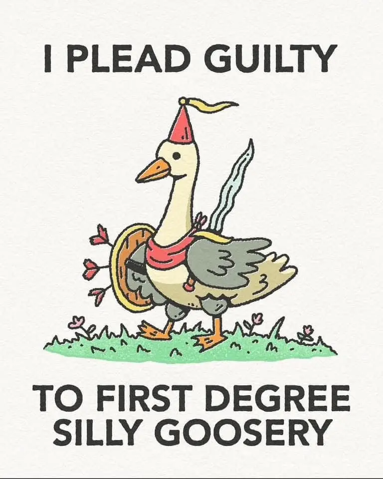 A cartoon goose wearing a red party hat and a red scarf stands on grass, holding a shield with arrows stuck in it and a…