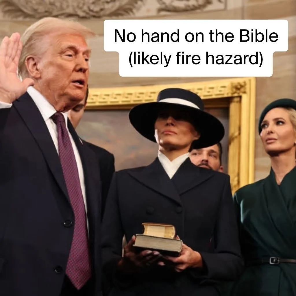 A man in a suit raises his right hand while swearing an oath, with a woman holding a Bible standing beside him. The overlaid…