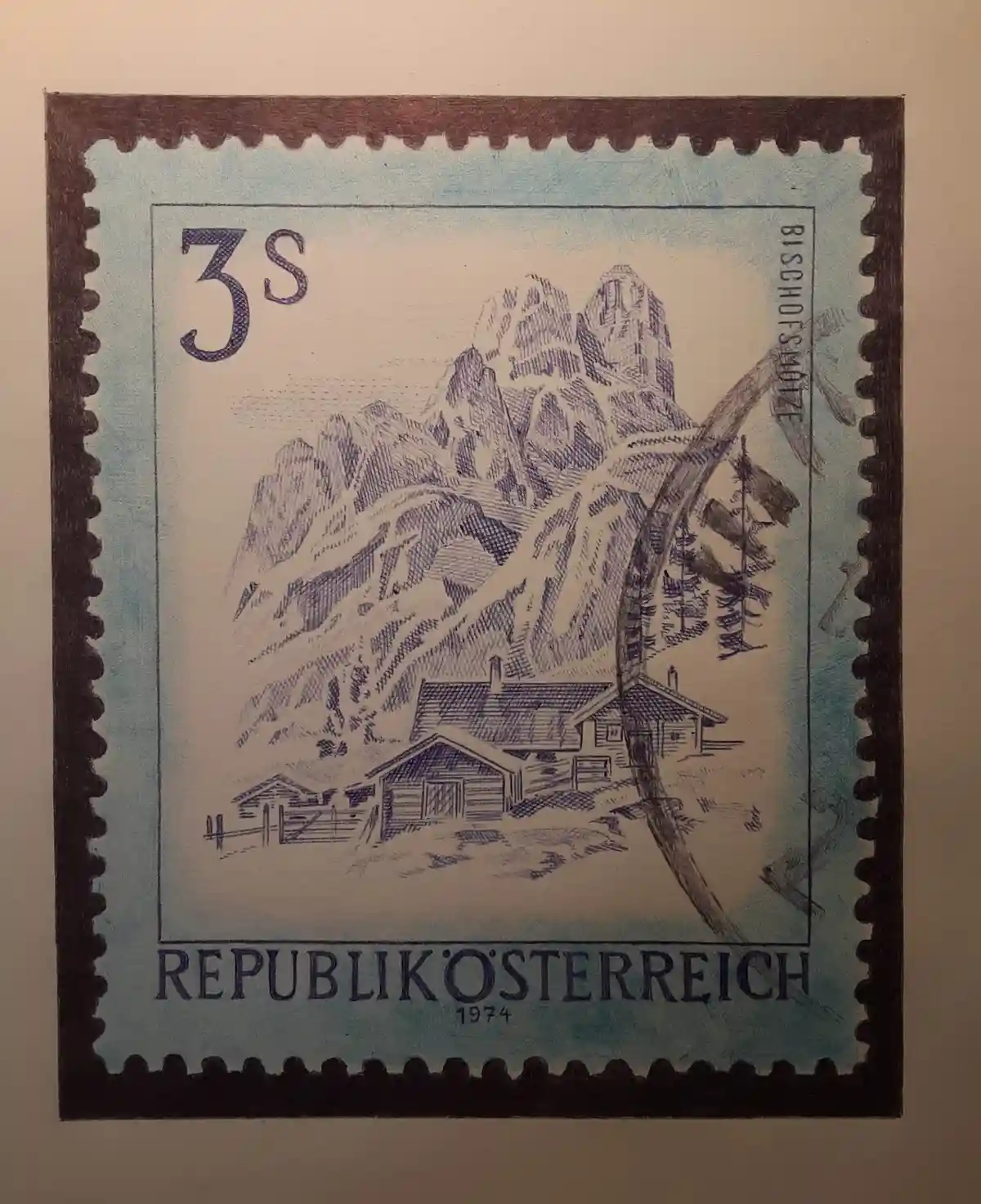 A vintage 1974 Austrian 3s postage stamp depicting a mountainous landscape with cabins and the text 'BISCHOFSMOITZ' and…