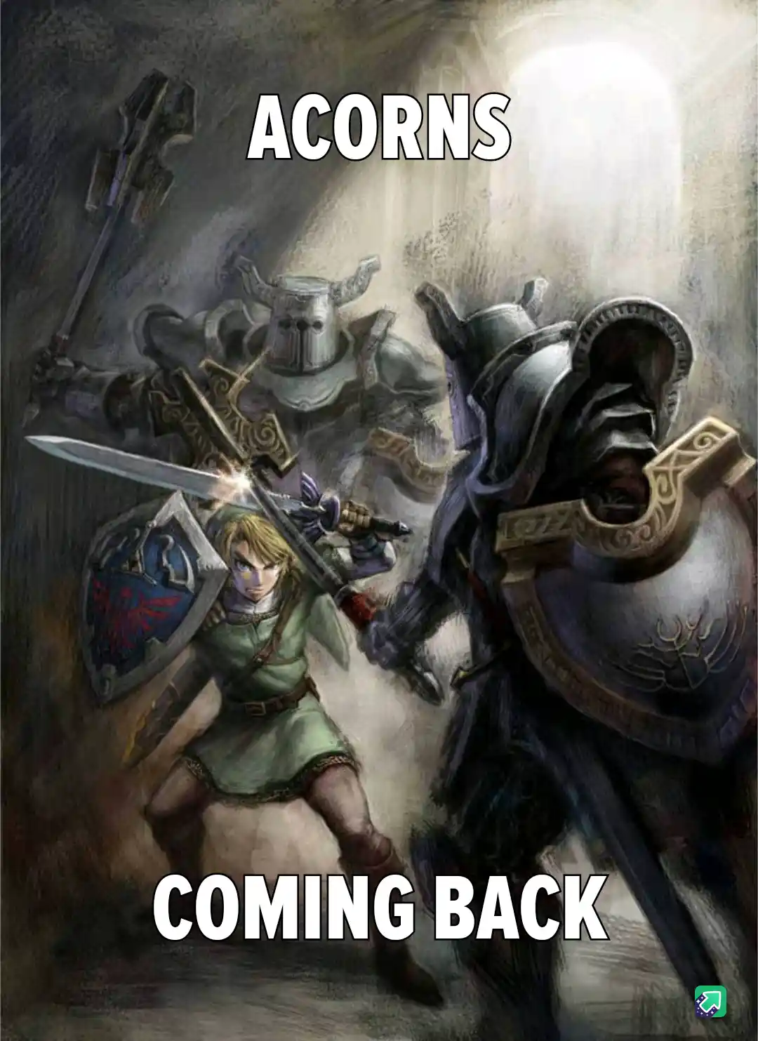 A dramatic fantasy illustration shows a young warrior in green tunic and blue shield fighting two armored knights with…