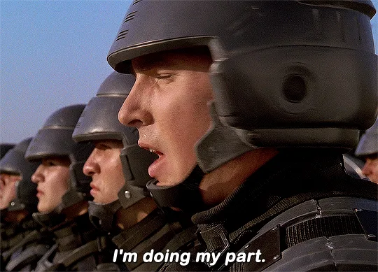 A six-panel image sequence shows a soldier in a helmet repeatedly saying 'I'm doing my part.' while his facial expressions…