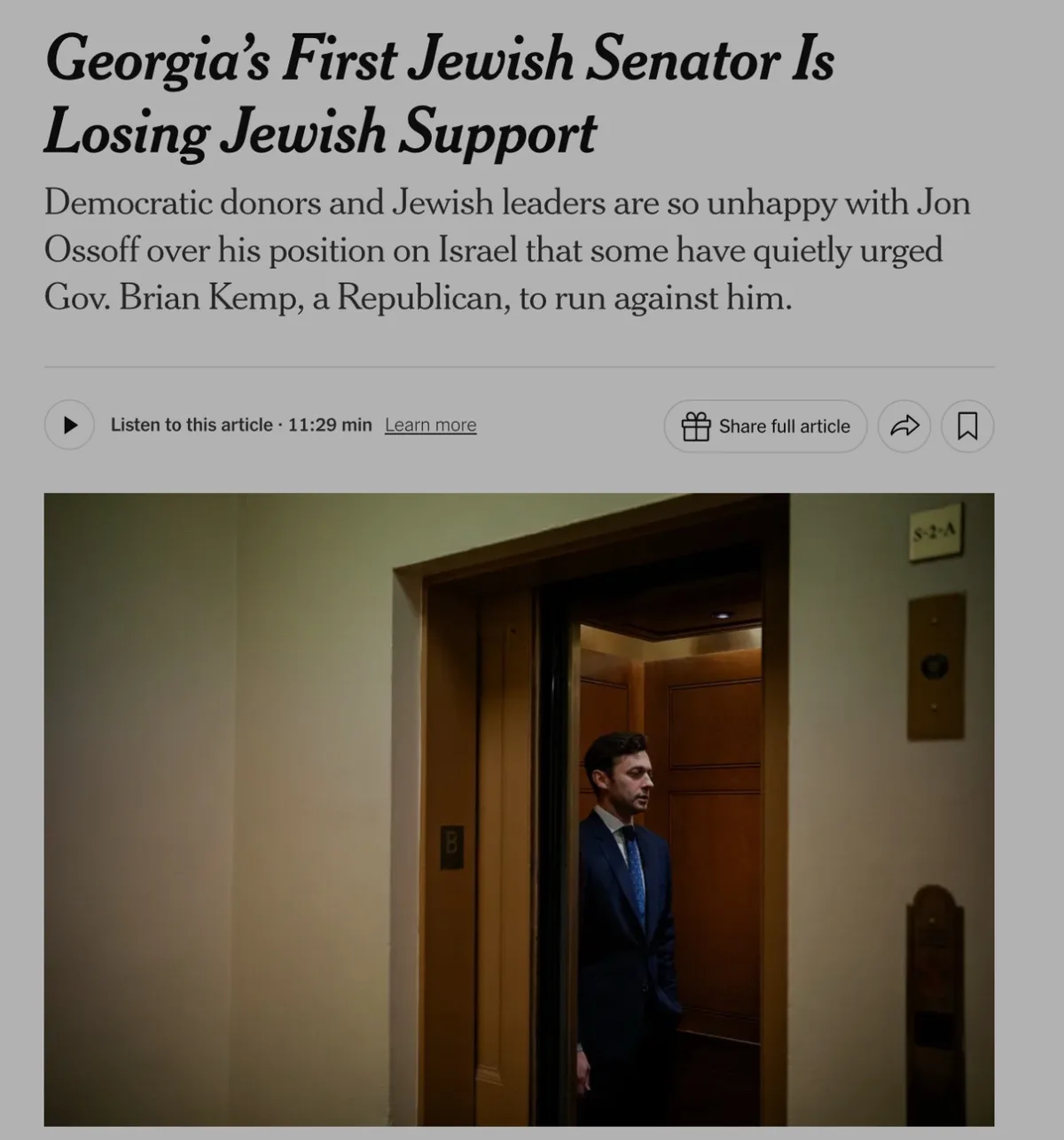 A screenshot of a news article with the headline 'Georgia's First Jewish Senator Is Losing Jewish Support' and subtext about…