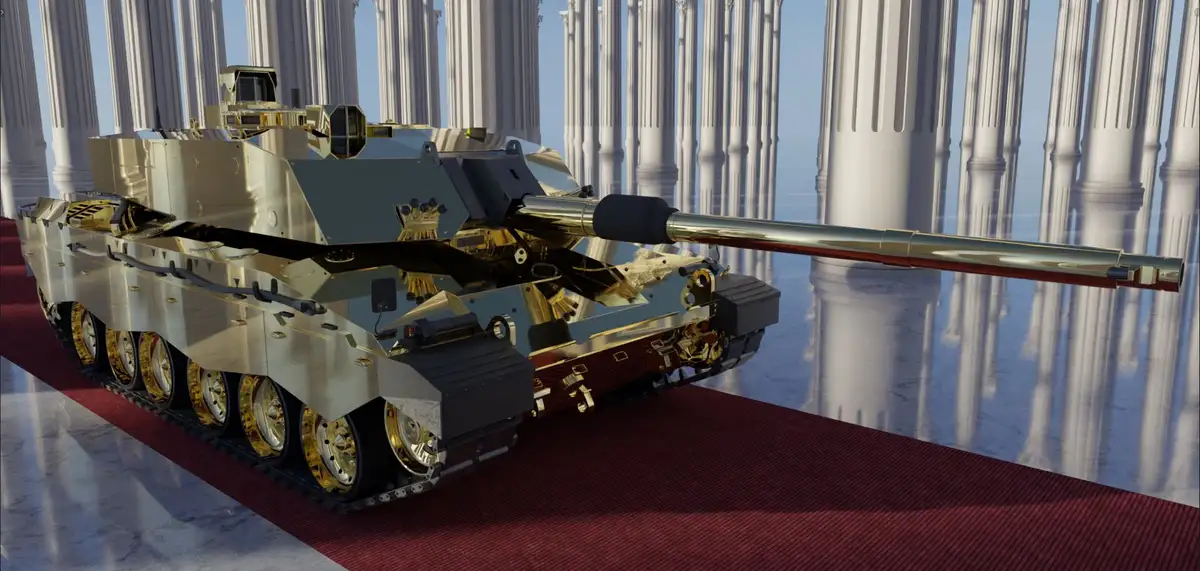 a heavily armored tank, entirely plated in shiny gold, is displayed on a red carpet in front of grand white columns…