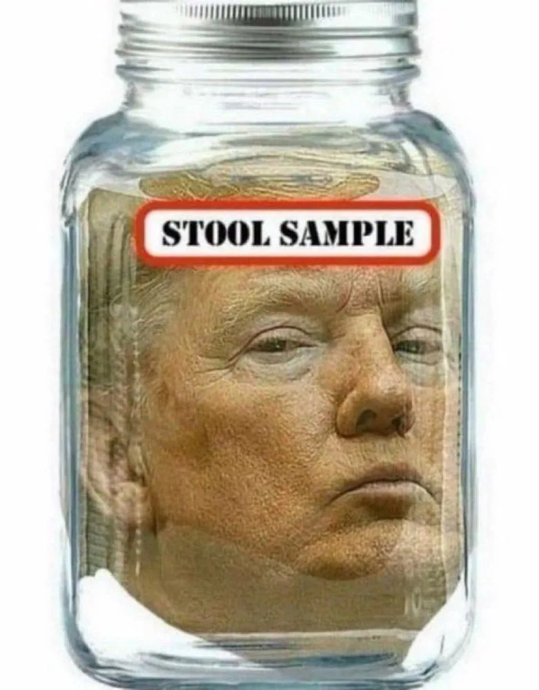 A clear glass jar with a metal lid contains a submerged, distorted image of Donald Trump's face, with a red-bordered white…