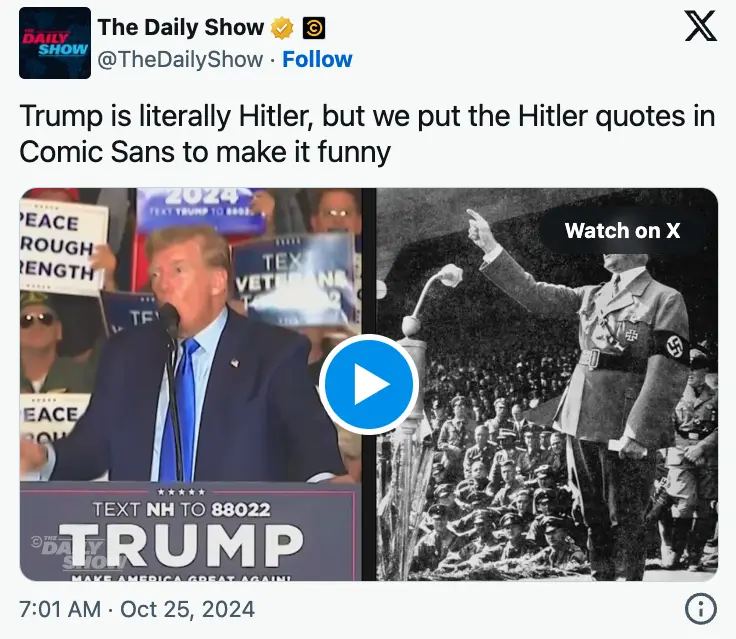 A screenshot of a tweet from The Daily Show shows a split image: on the left, Donald Trump speaking at a rally with 'TRUMP'…