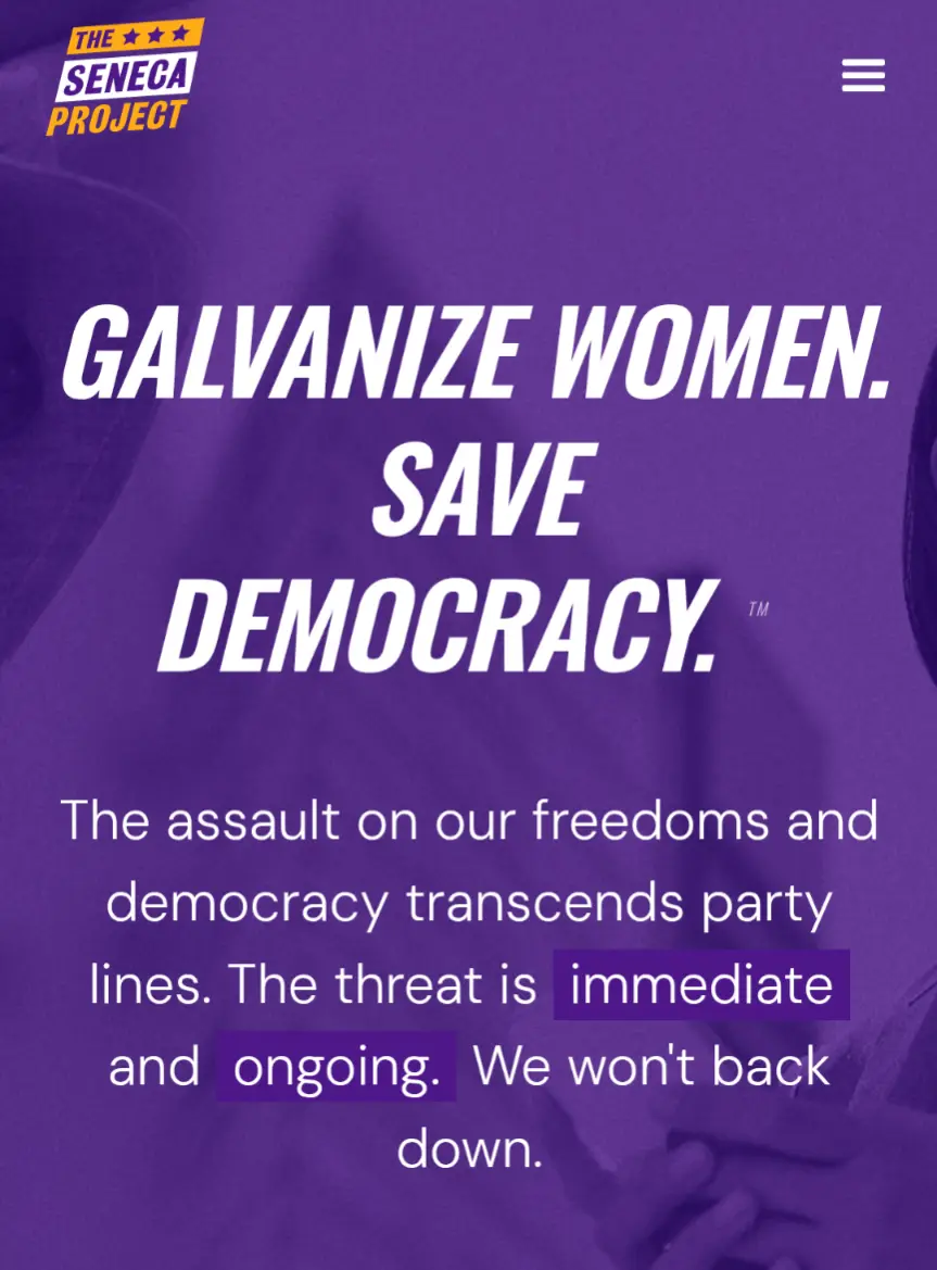 A purple-tinted image of a woman's hands clasped together, overlaid with bold white text reading 'GALVANIZE WOMEN. SAVE…
