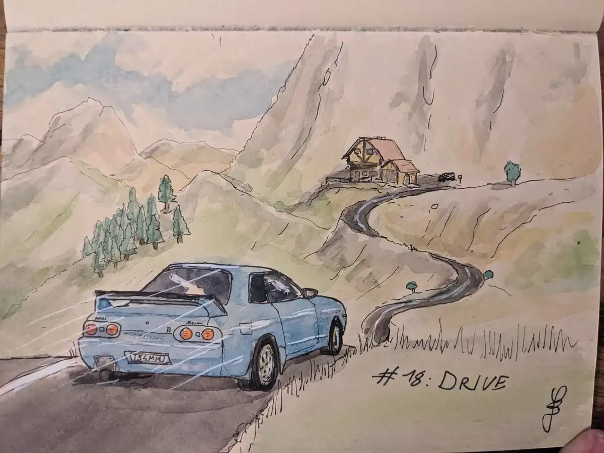 A watercolor drawing shows a light blue Nissan Skyline R34 GT-R speeding along a winding mountain road, with motion lines…