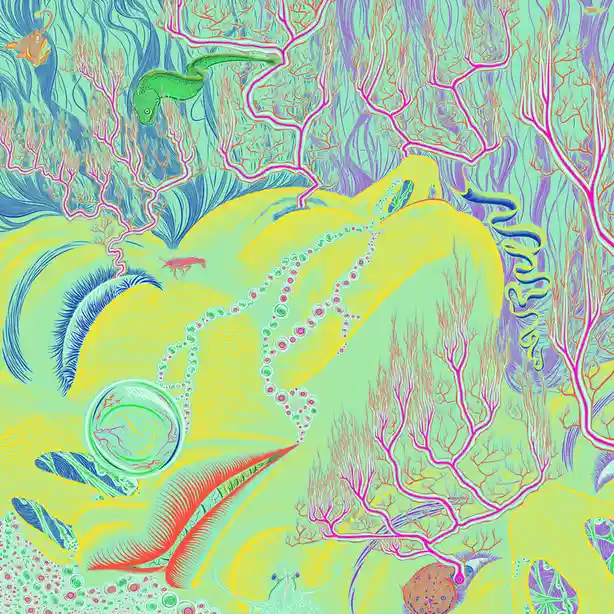 A vibrant, stylized illustration depicts a surreal underwater scene with neon-colored coral, fish, and sea creatures against…