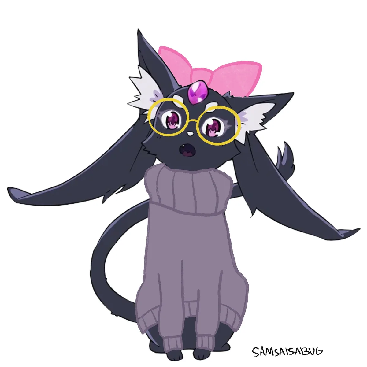 A cartoon black cat with white-tipped ears and tail, wearing a pink bow, yellow-rimmed glasses, and a purple sweater, has a…