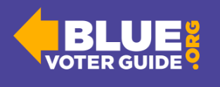 A purple banner with a large yellow left-pointing arrow on the left side. The text "BLUE VOTER GUIDE" is in bold white…
