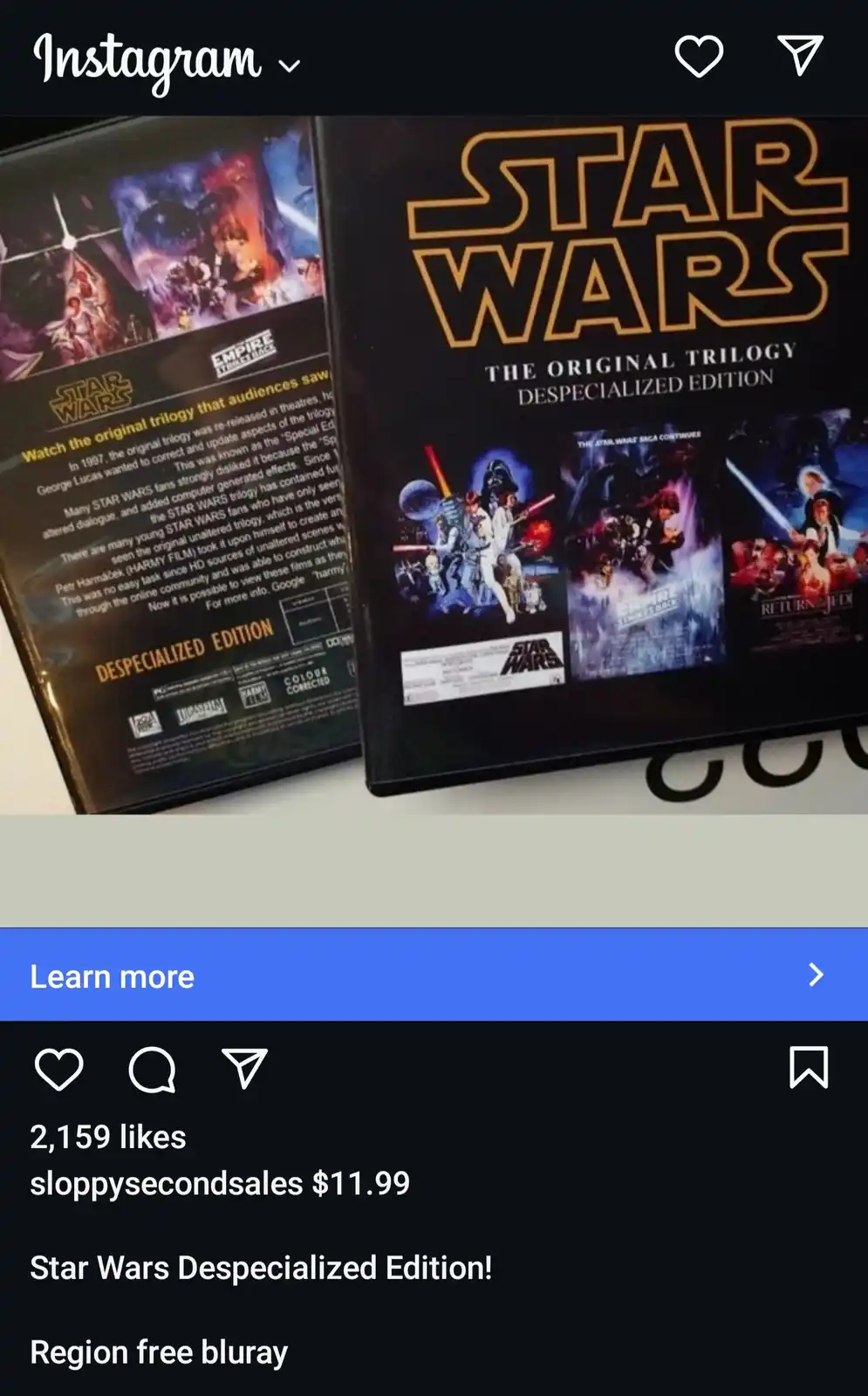 The image shows a Star Wars DVD box set labeled 'The Original Trilogy Despecialized Edition,' with the back cover text…