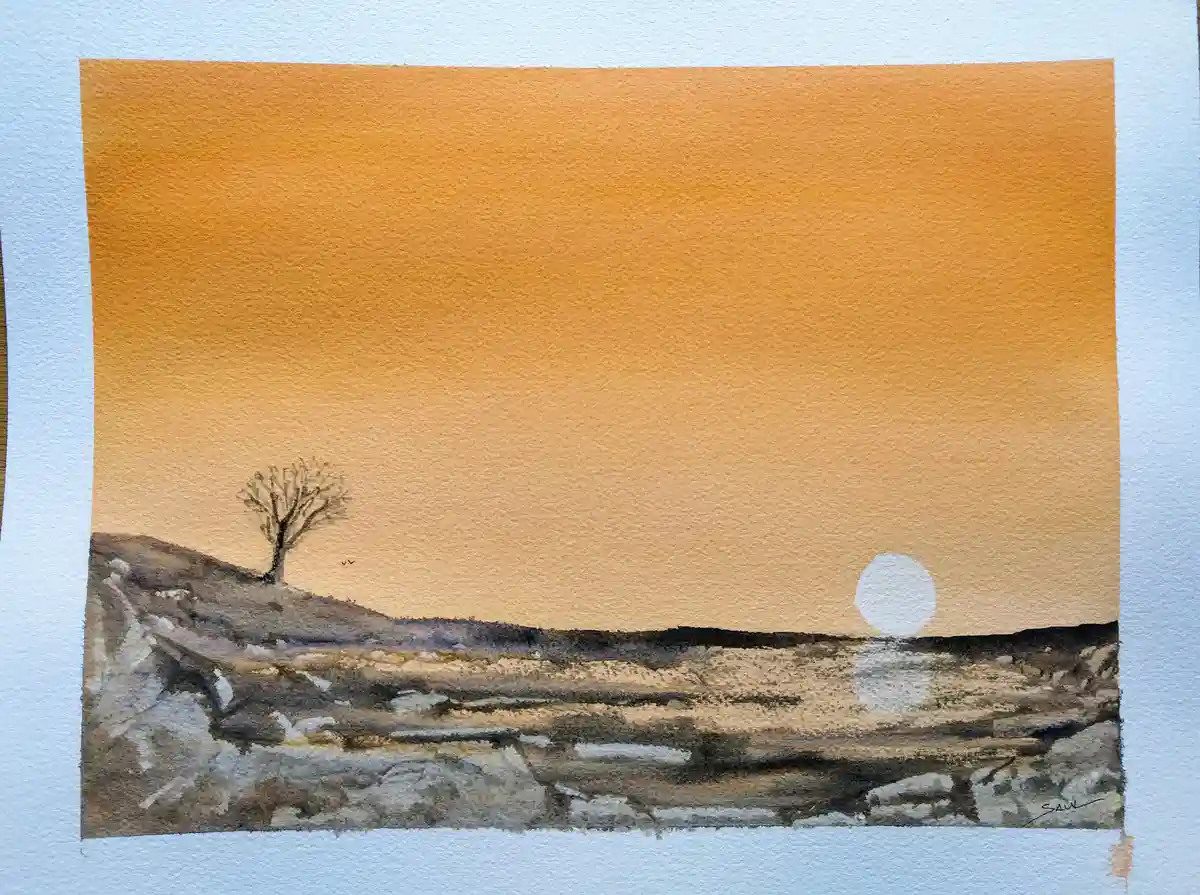 A watercolor painting depicts a barren landscape with a lone tree on a hill under an orange sky, a white sun setting over…