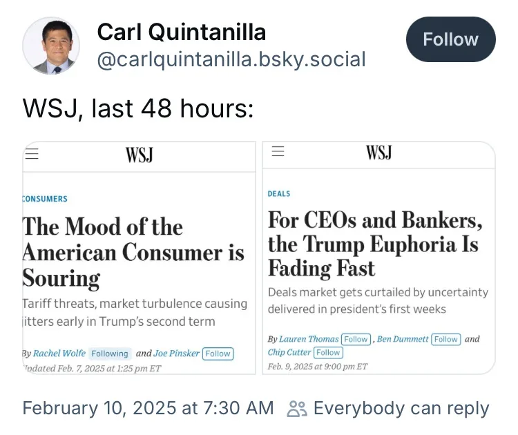A screenshot of a social media post by Carl Quintanilla showing two adjacent WSJ headlines from February 2025. The left…