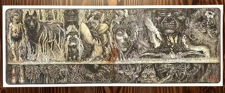 A detailed black-and-white woodcut-style illustration depicts a surreal, horror-themed forest scene with grotesque humanoid…