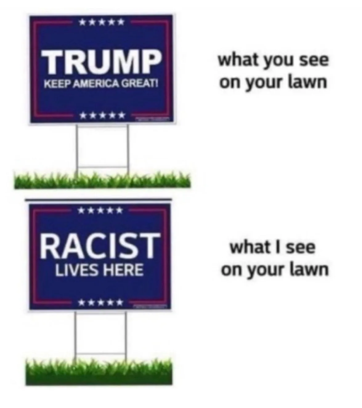 Two identical blue political yard signs with red borders and white text are shown side-by-side on grass. The top sign reads…