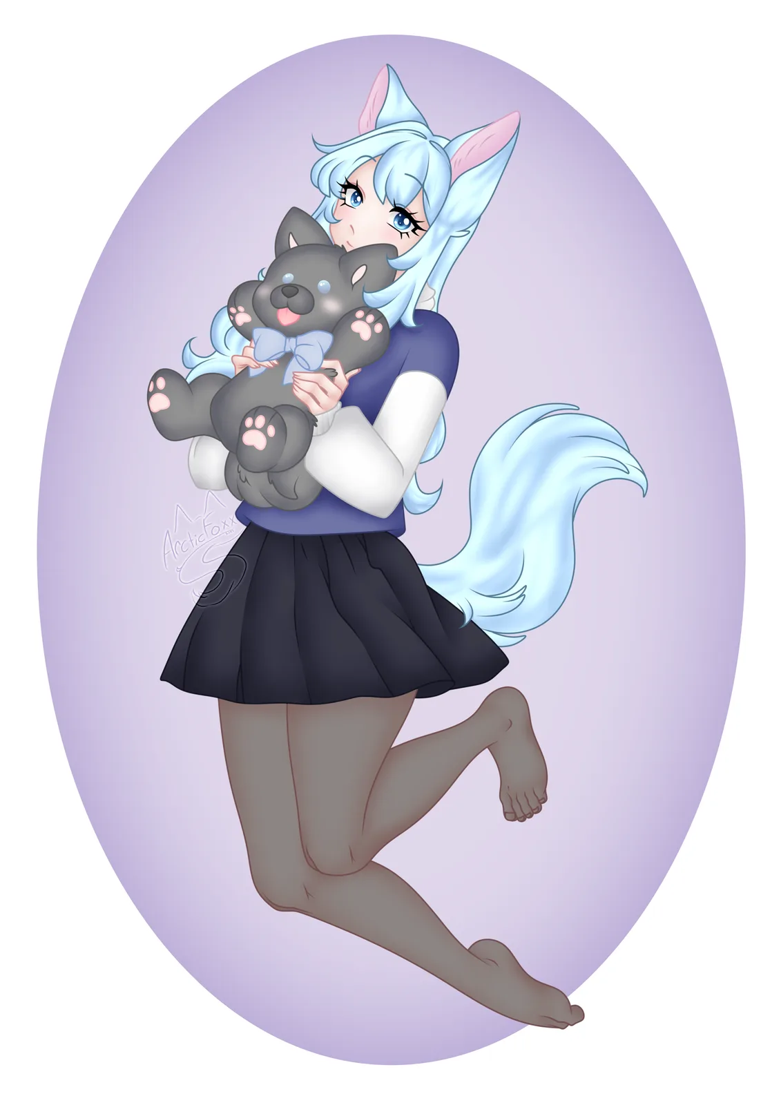 An anime-style illustration shows a blue-haired girl with fox ears and a fluffy tail, wearing a purple shirt and black…