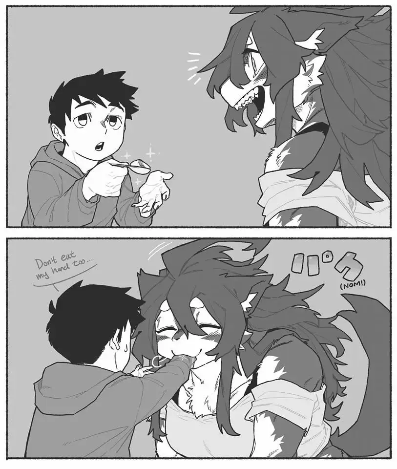 A two-panel black-and-white manga-style comic. In the top panel, a human boy holds a spoon with food toward a wolf-like…