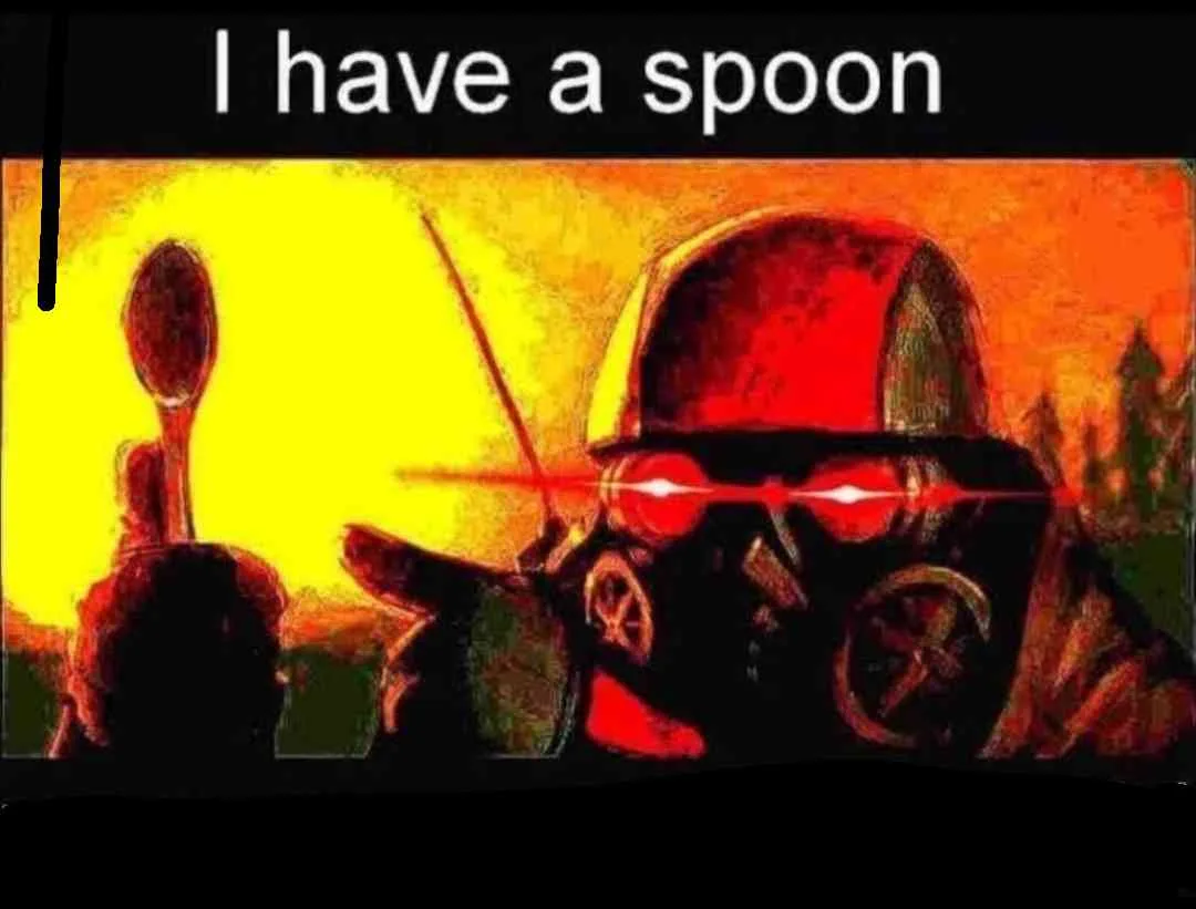 A stylized image shows a person in a red helmet and gas mask holding a spoon like a weapon, with red laser beams emanating…