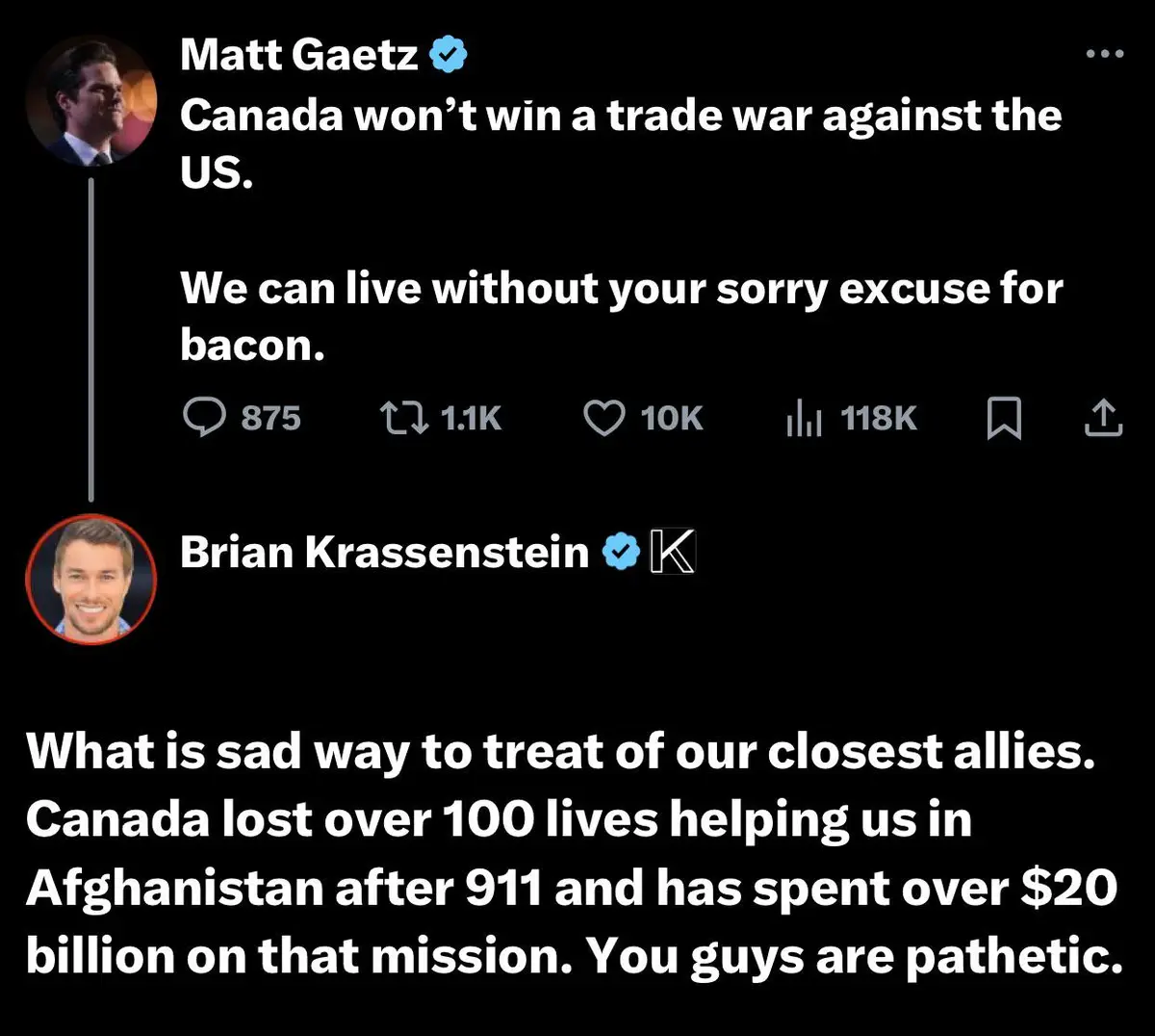 A screenshot of a Twitter thread shows Matt Gaetz claiming Canada can't win a trade war and calling bacon 'sorry excuse for…