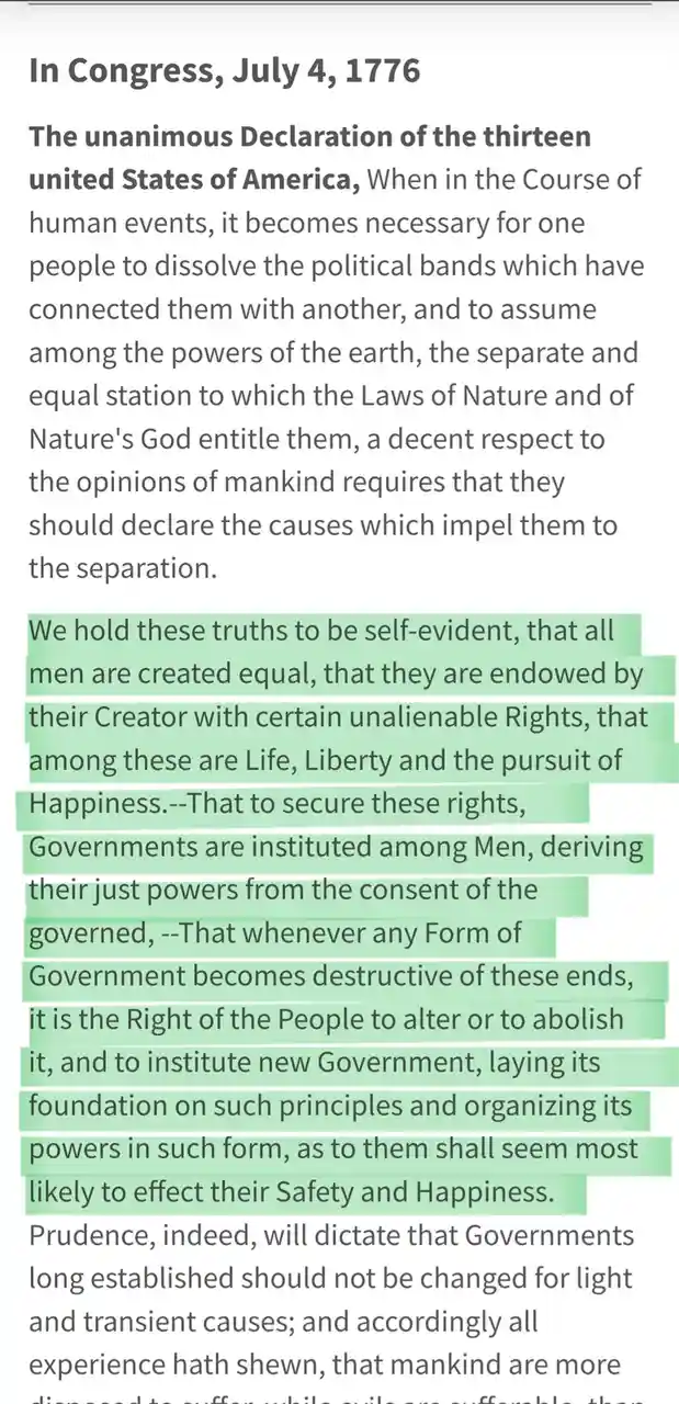 The image displays a screenshot of the U.S. Declaration of Independence text, dated July 4, 1776. A section of the document…