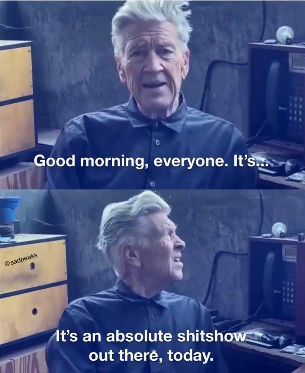 The image is a two-panel meme featuring an older man with white hair in a dark shirt, first looking forward and then turning…