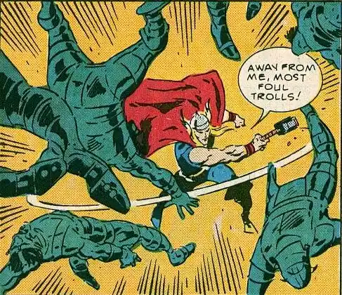 A comic book panel shows Thor, in his classic red cape and blue armor, wielding his hammer Mjolnir while surrounded by…