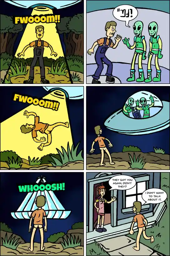 A six-panel comic strip depicts a man being abducted by aliens. In the first panel, a UFO beams him up with a 'Fwoooom!!'…