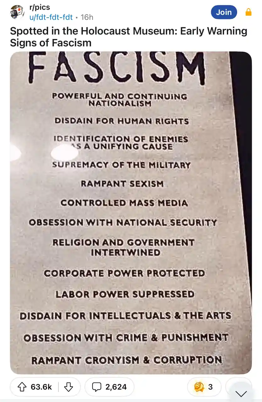 A close-up photo shows a plaque with the word 'FASCISM' at the top, followed by a list of characteristics such as 'POWERFUL…