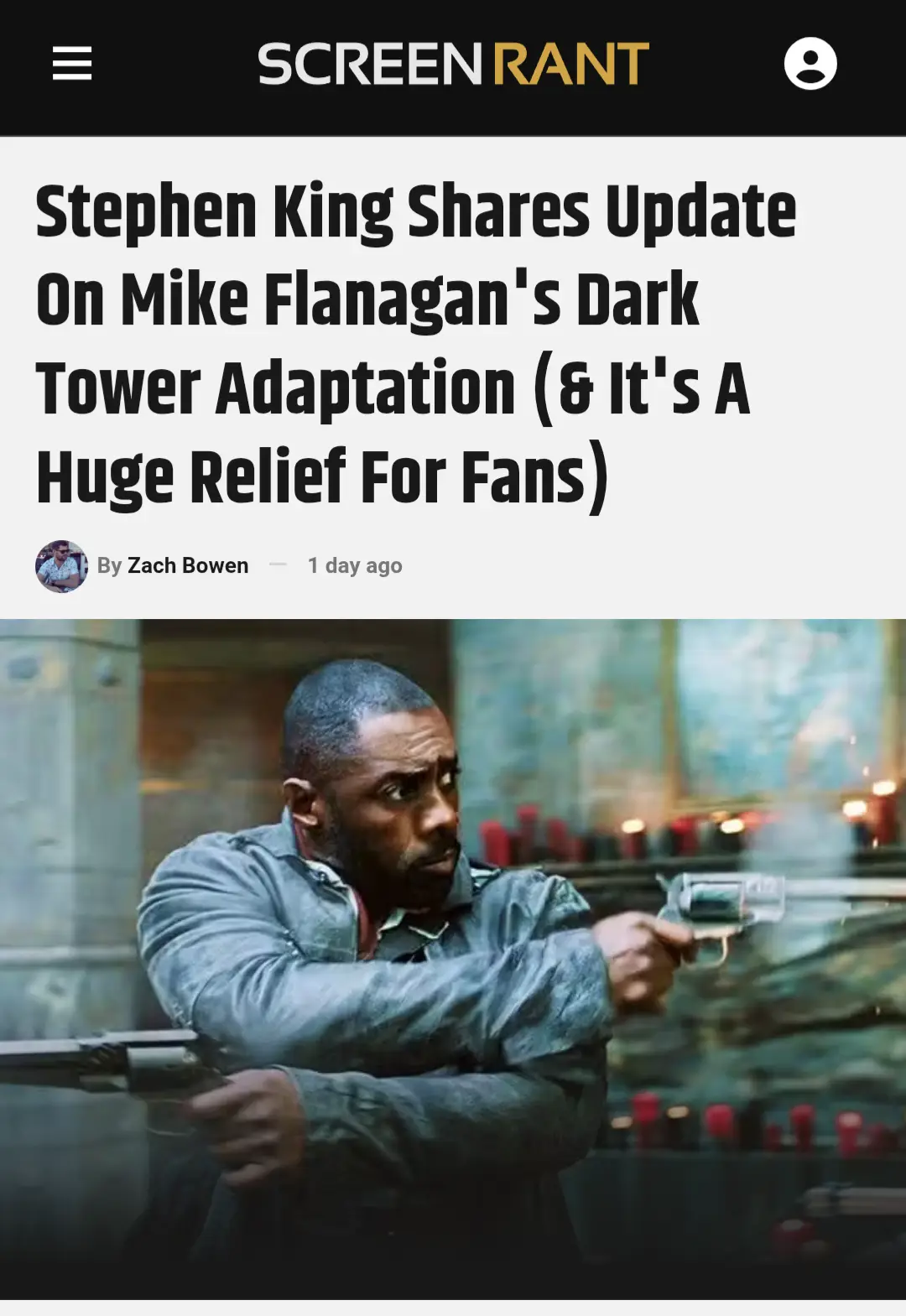 A screenshot of a Screen Rant article header showing a man in a grey jacket holding two revolvers, looking alarmed. The…