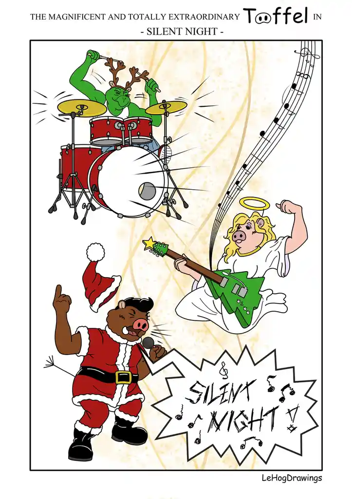 A cartoon illustration shows a green, muscular reindeer playing a red drum set with intense energy, while a pig angel in a…