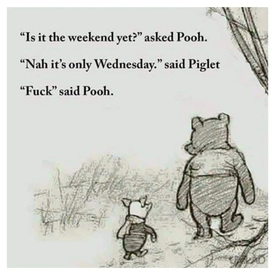 A black-and-white sketch shows Winnie the Pooh and Piglet walking away from the viewer. Overlaid text depicts a dialogue…