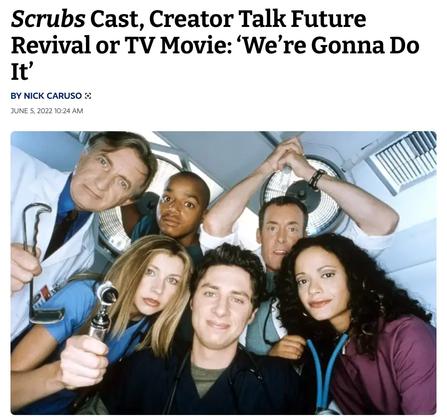 A promotional photo of the 'Scrubs' TV show cast, featuring six actors in medical scrubs posing together in a hospital…