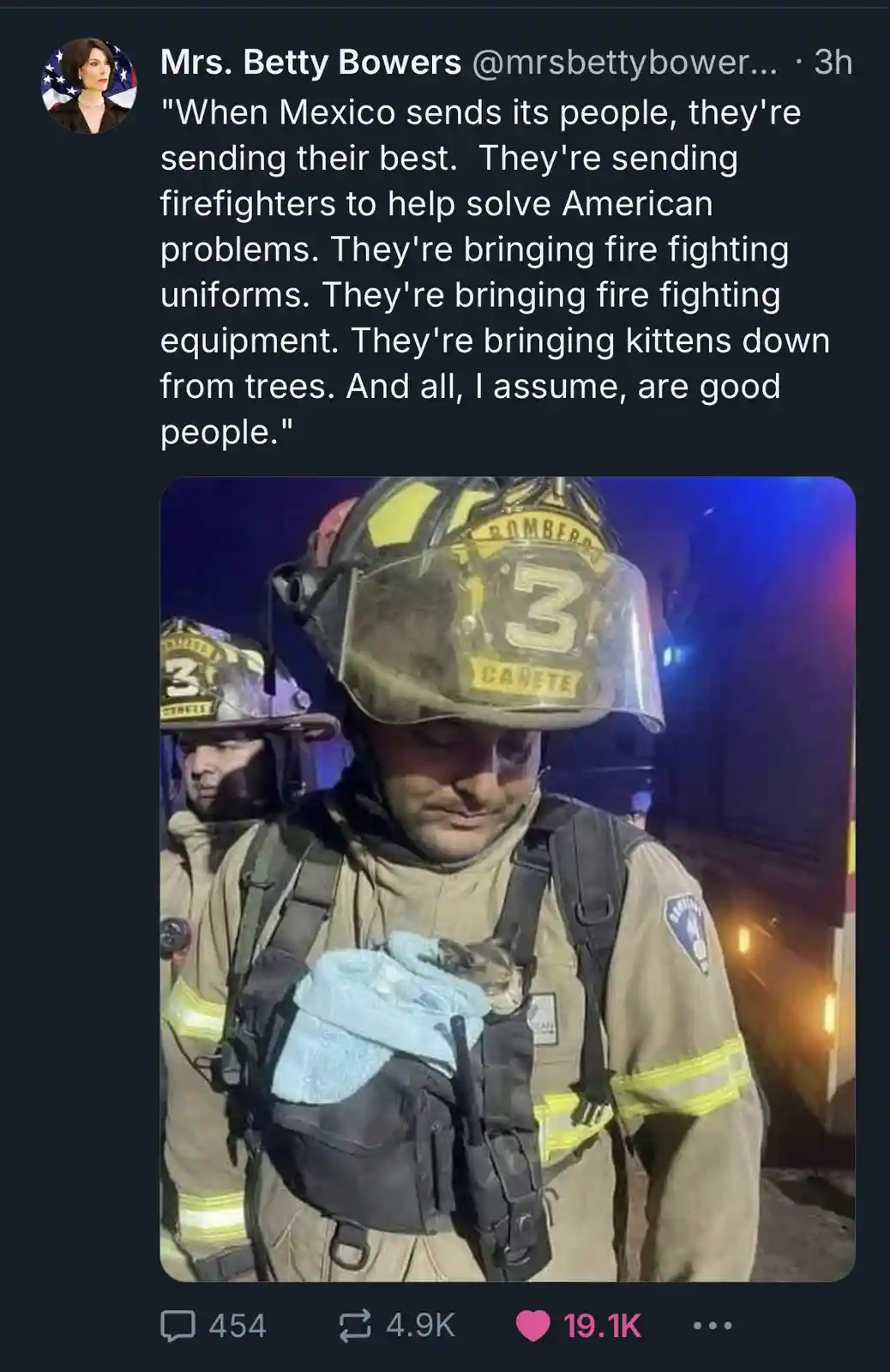 A firefighter wearing a helmet labeled 'BOMBEROS 3 CANETE' holds a small kitten wrapped in a blue cloth. The overlaid text…