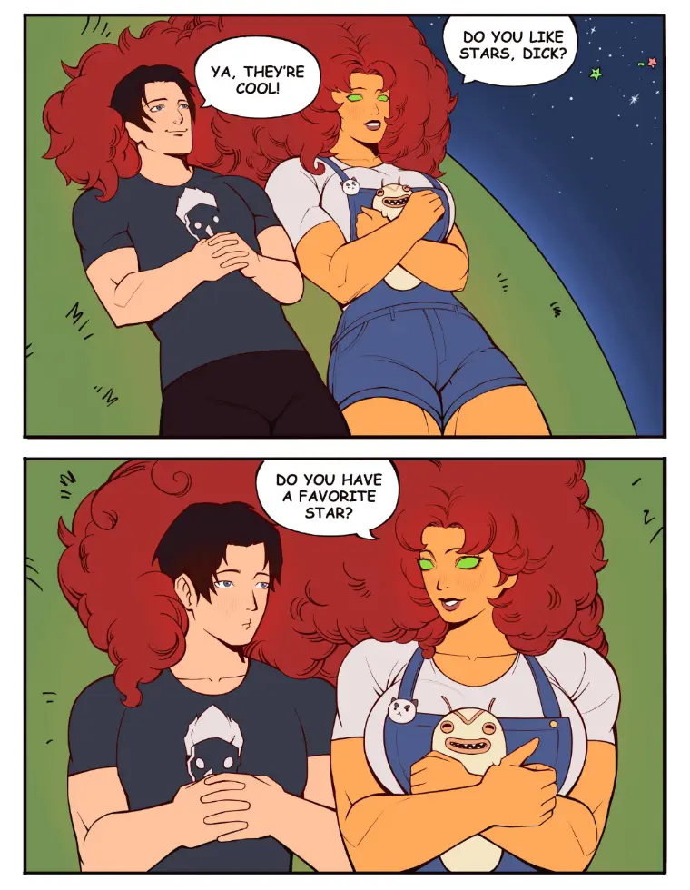 Two characters lie under a starry night sky. The woman with red hair and green eyes asks the man, 'Do you like stars, dick?'…