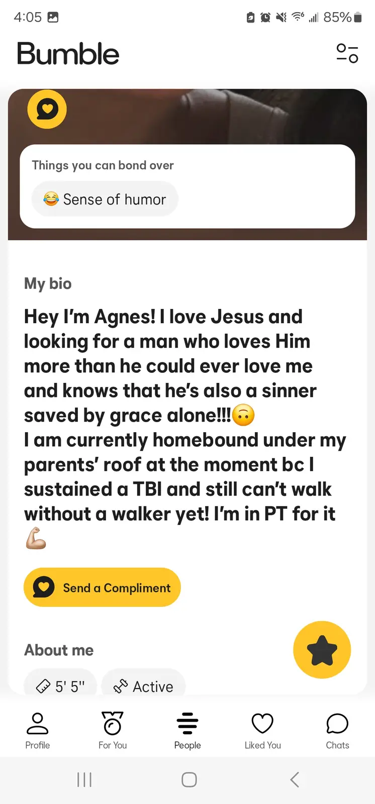 A screenshot of a Bumble dating app profile for a user named Agnes. Her bio states she loves Jesus and is seeking a partner…