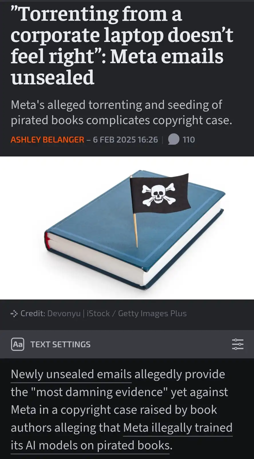 A screenshot of a news article about Meta allegedly torrenting pirated books, featuring a blue book with a pirate flag stuck…