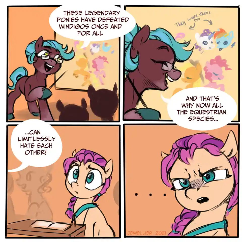 A four-panel comic shows a dark purple pony with glasses proudly declaring legendary ponies defeated windigos, implying this…