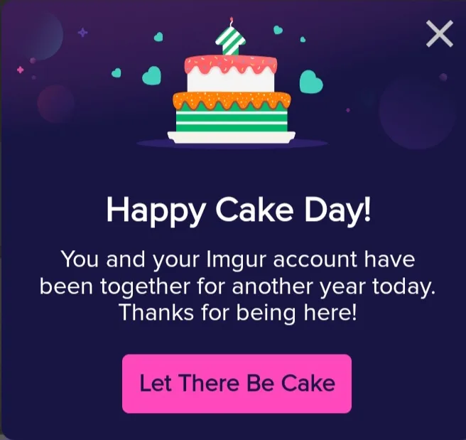 A celebratory pop-up from Imgur featuring a colorful two-tiered birthday cake with a candle, set against a dark purple…