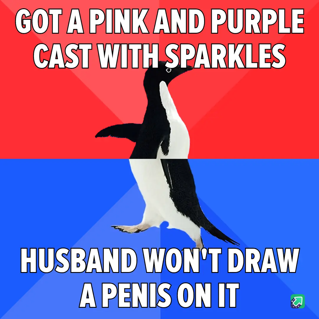 A penguin stands upright against a red and blue background, with bold white text at the top reading 'GOT A PINK AND PURPLE…