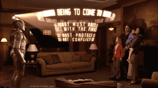 A robot stands in a warmly lit living room, projecting the Three Laws of Robotics onto the ceiling in a sequence that…