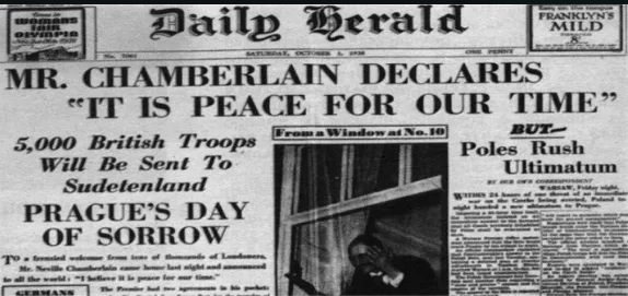 A black-and-white newspaper clipping from the Daily Herald dated Saturday, October 6, 1938, shows a headline declaring 'MR…