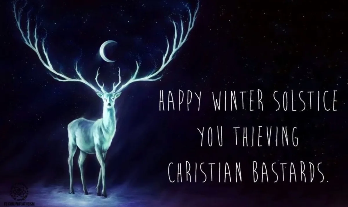 A glowing white stag with massive, intricate antlers stands in a snowy, starry night scene with a crescent moon behind its…
