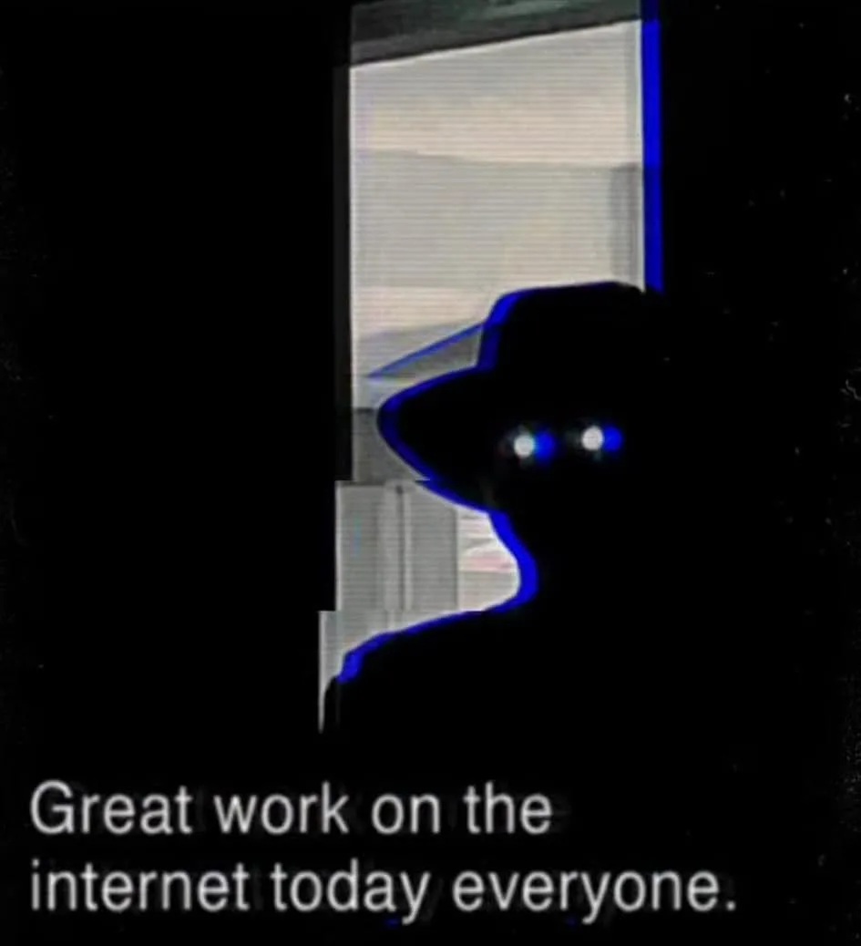 A dark silhouette of a figure wearing a wide-brimmed hat peeks from behind a window frame, with glowing blue eyes visible…