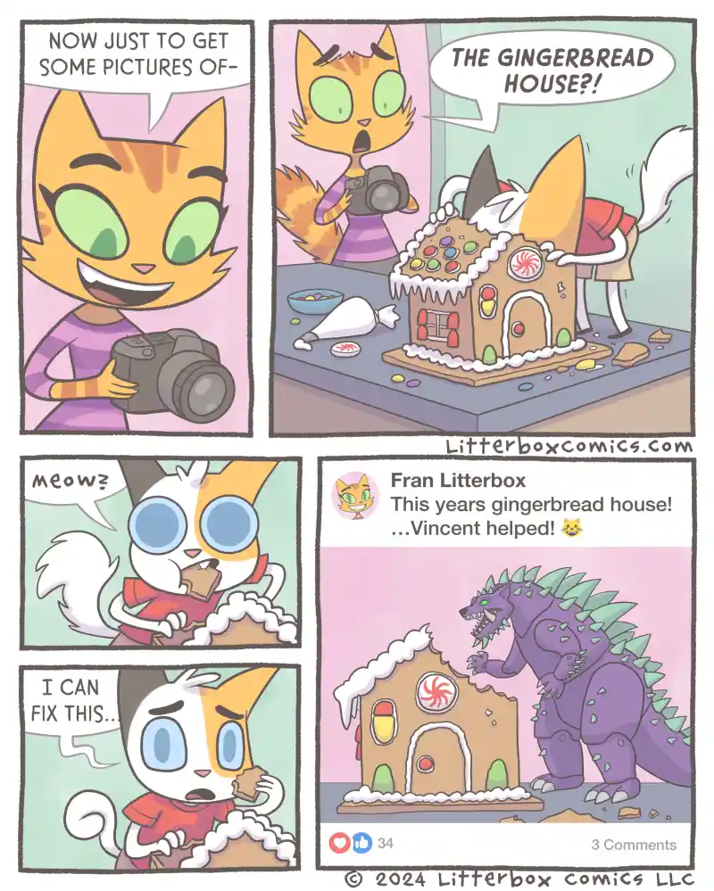 A four-panel comic strip shows a cat photographer excited to take pictures of a gingerbread house, only to be horrified when…