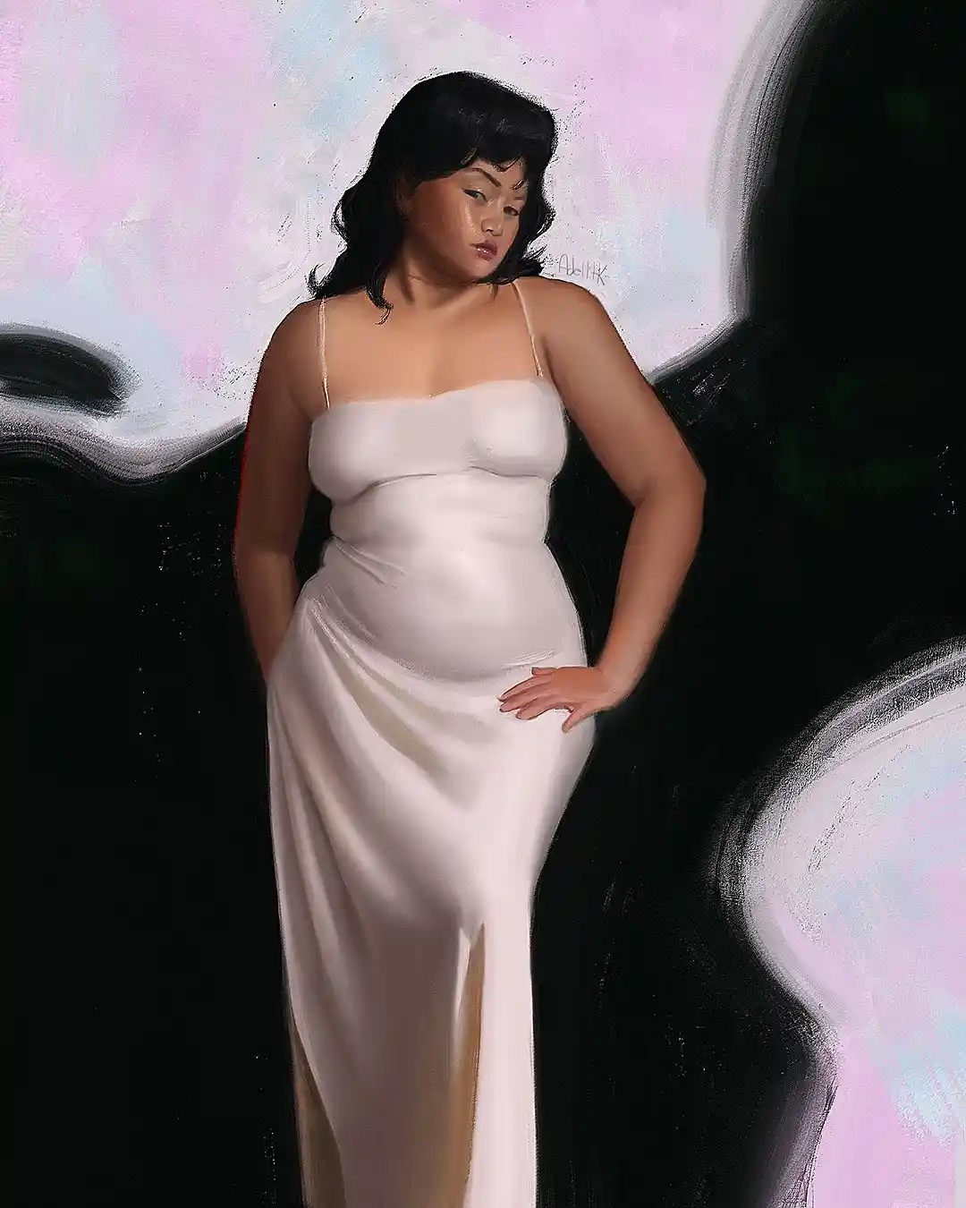 A digital painting shows a woman in a white satin dress standing with one hand on her hip and the other in her pocket…