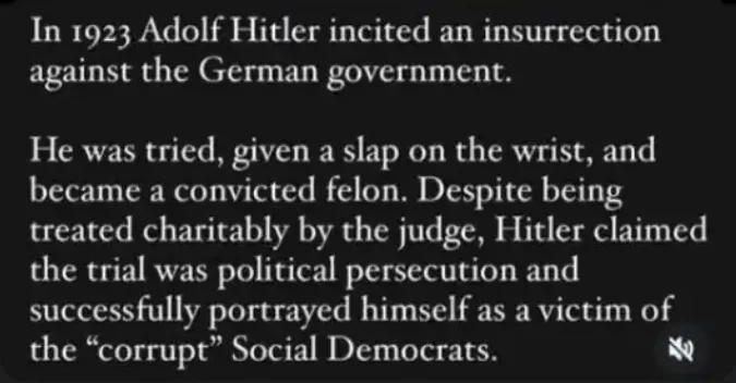 A black background with white serif text describing how Adolf Hitler was tried in 1923 for inciting an insurrection…