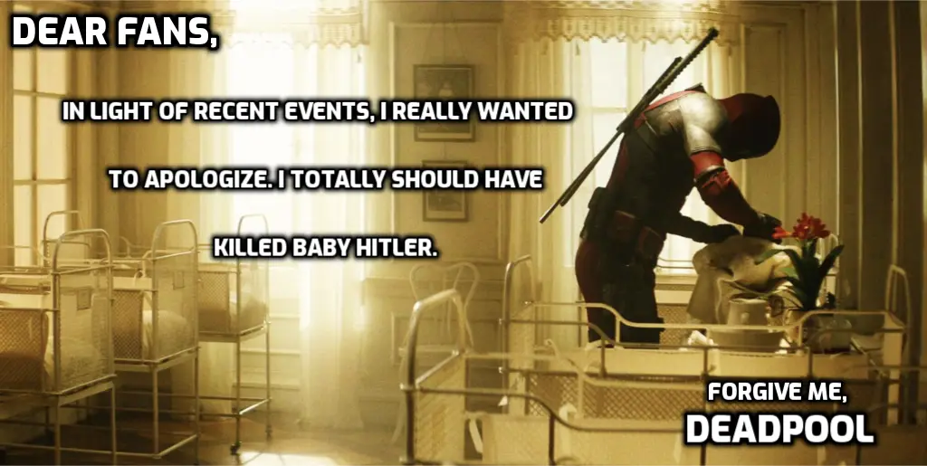 The image shows the character Deadpool in a hospital room, leaning over a crib with a baby inside. He is holding a weapon…