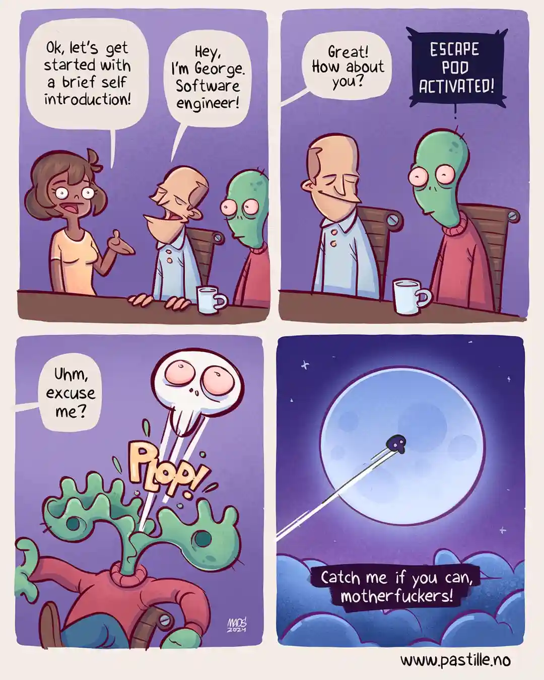 A four-panel comic shows a woman initiating a self-introduction at a table, where a man named George, a software engineer…