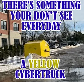 A bright yellow Tesla Cybertruck is parked on a snowy street next to a building, with text overlaid in bold blue and yellow…