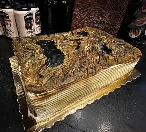 A rectangular cake with a golden-brown, textured frosting that looks like burnt or charred wood, with black patches…